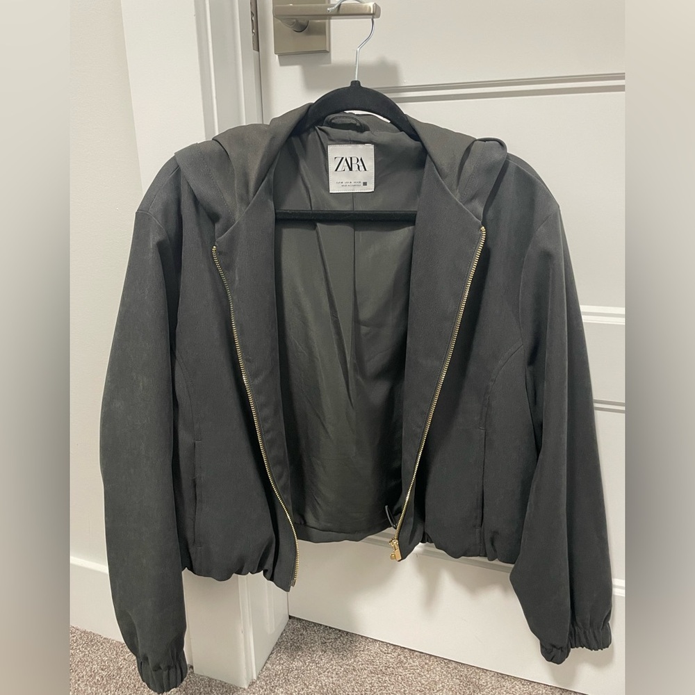 ZARA Greyish-Black Hooded Bomber Jacket with Gold Zip
